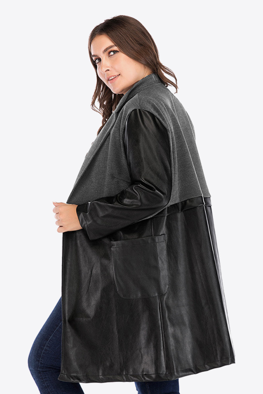 Plus Size Spliced PU Leather Longline Blazer