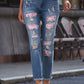 Printed Patch Distressed Boyfriend Jeans