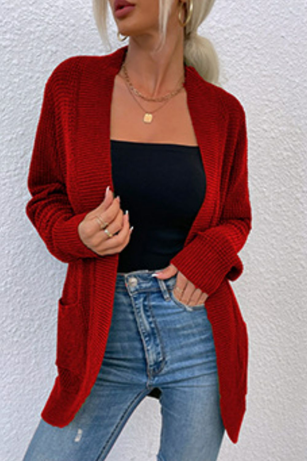 Ribbed Trim Longline Cardigan with Pockets