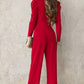 Belted Long Puff Sleeve V-Neck Jumpsuit