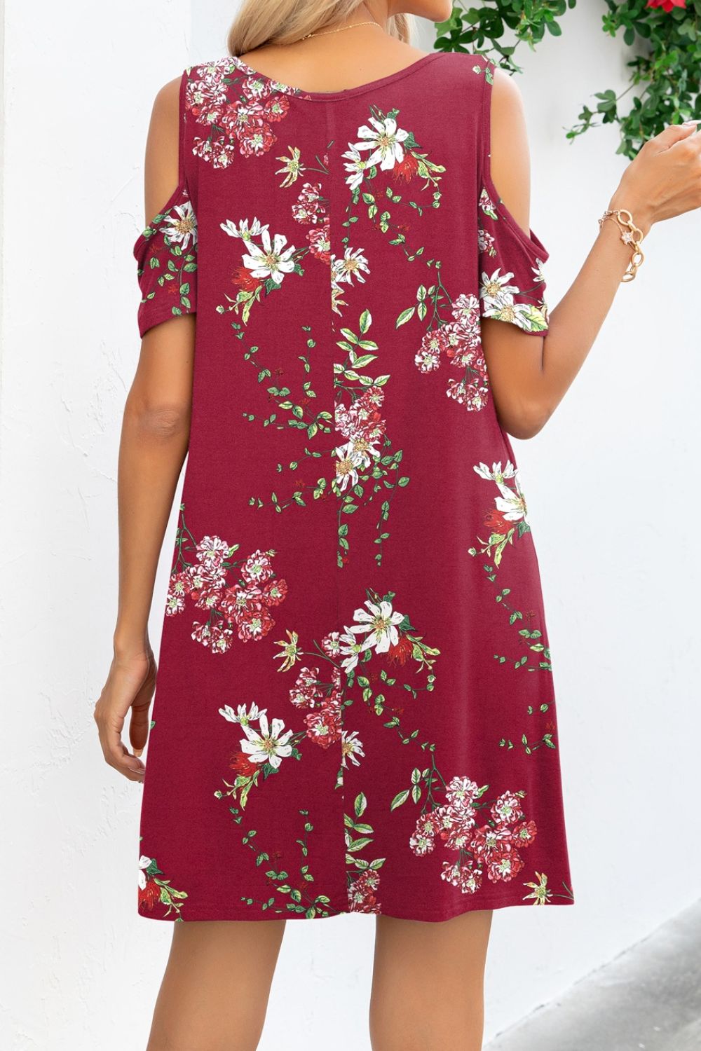 Printed Round Neck Cold-Shoulder Dress