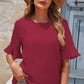 Swiss Dot Flounce Sleeve Round Neck Blouse