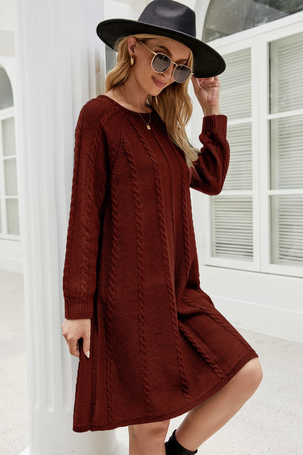 Cable-Knit Raglan Sleeve Round Neck Sweater Dress