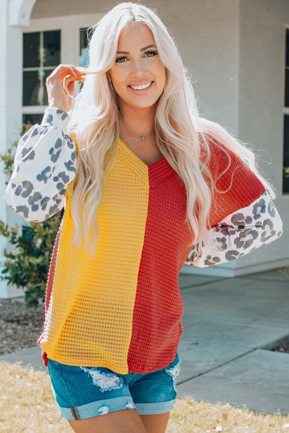 Leopard Color Block Waffle-Knit V-Neck Top