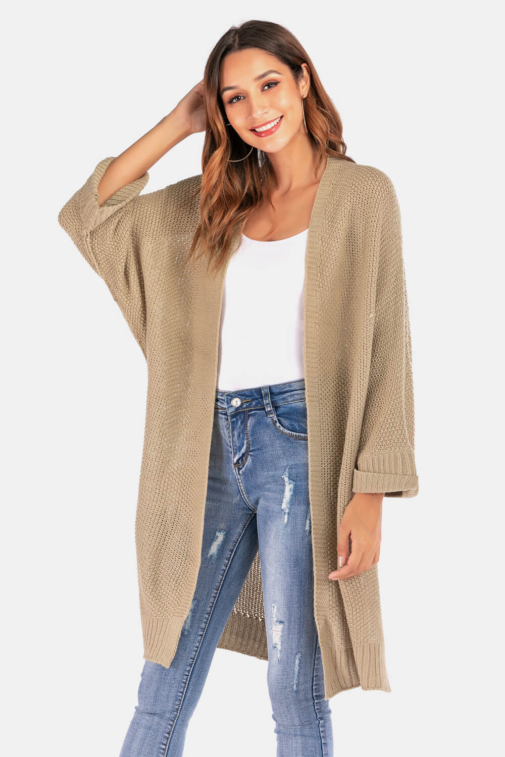 Open Front Slit Exposed Seam Cardigan