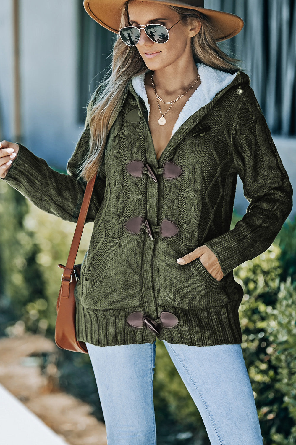 Fleece Lined Cable-Knit Toggle Hooded Cardigan