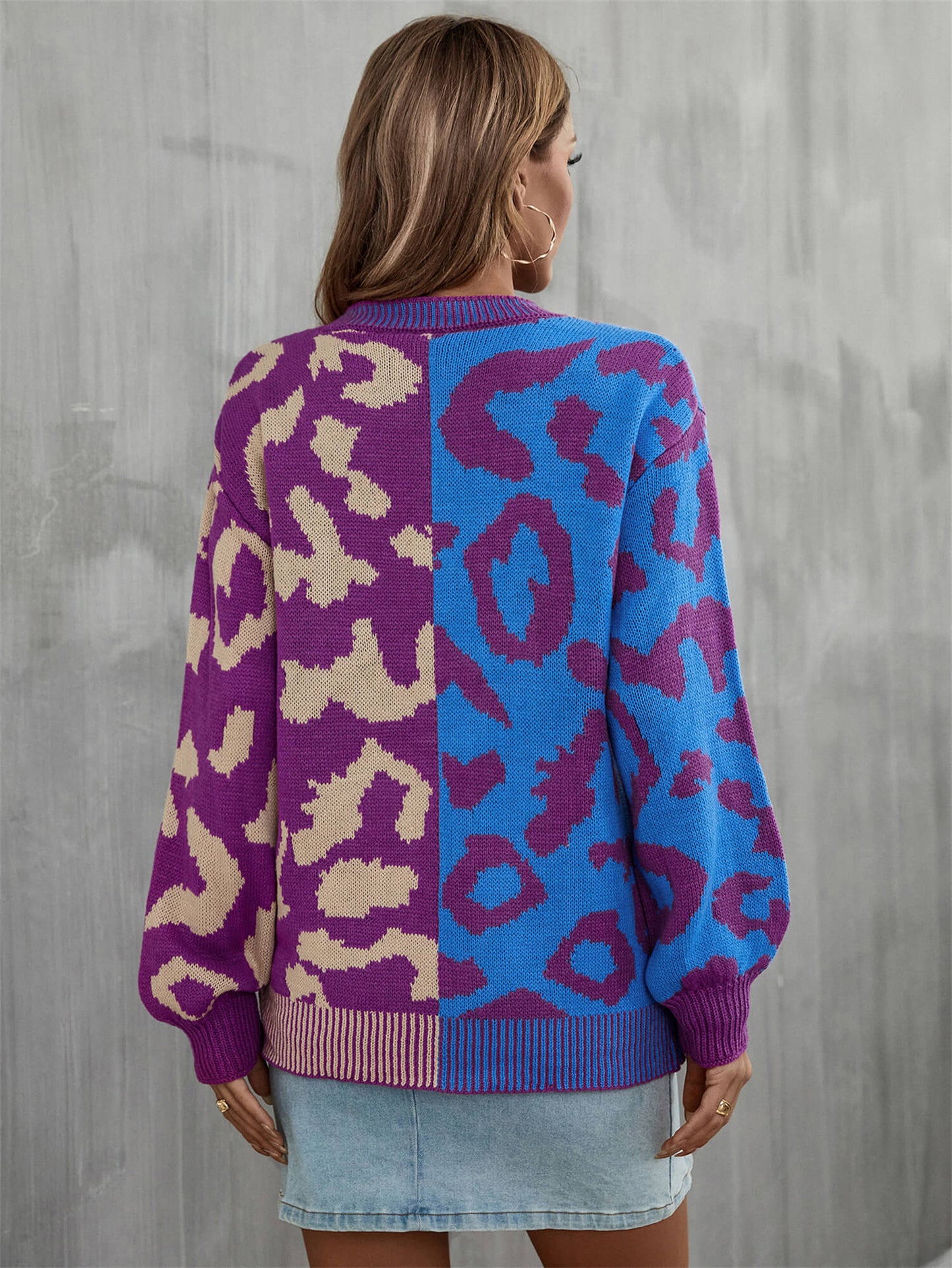 Cozy Weekends Leopard Ribbed Trim Dropped Shoulder Sweater