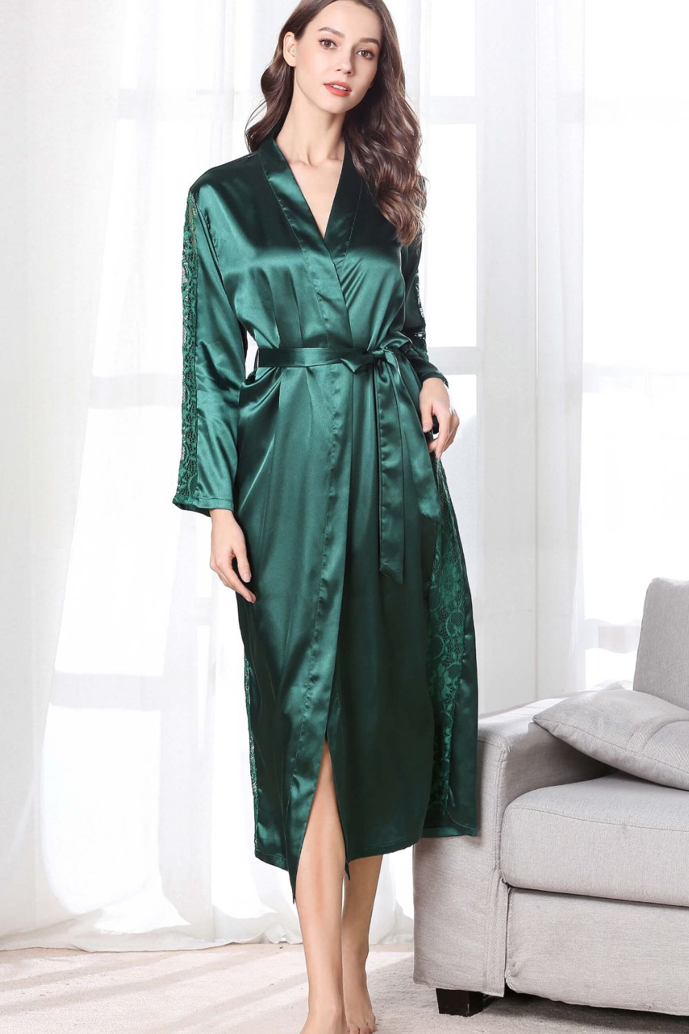 Spliced Lace Tie Waist Satin Robe