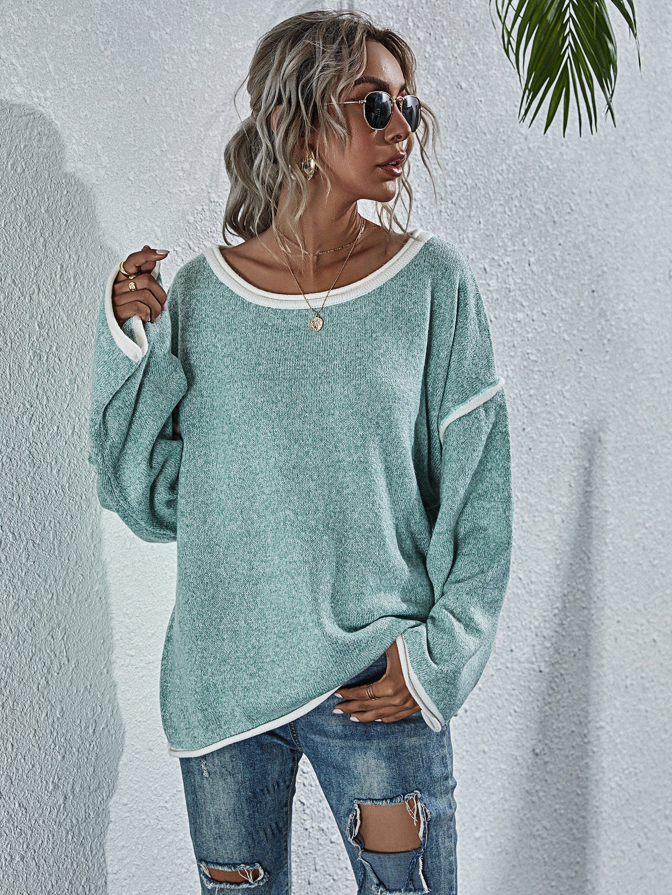 Dropped Shoulder Boat Neck Long Sleeve Sweater