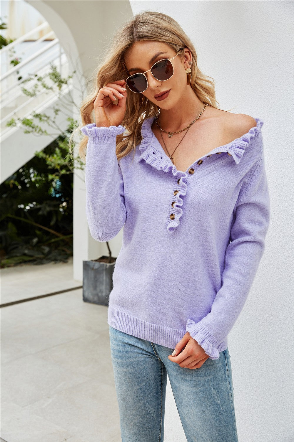 Half-Button Frill Trim Raglan Sleeve Sweater