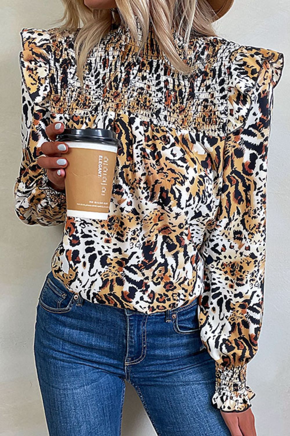Printed Mock Neck Ruffle Shoulder Top
