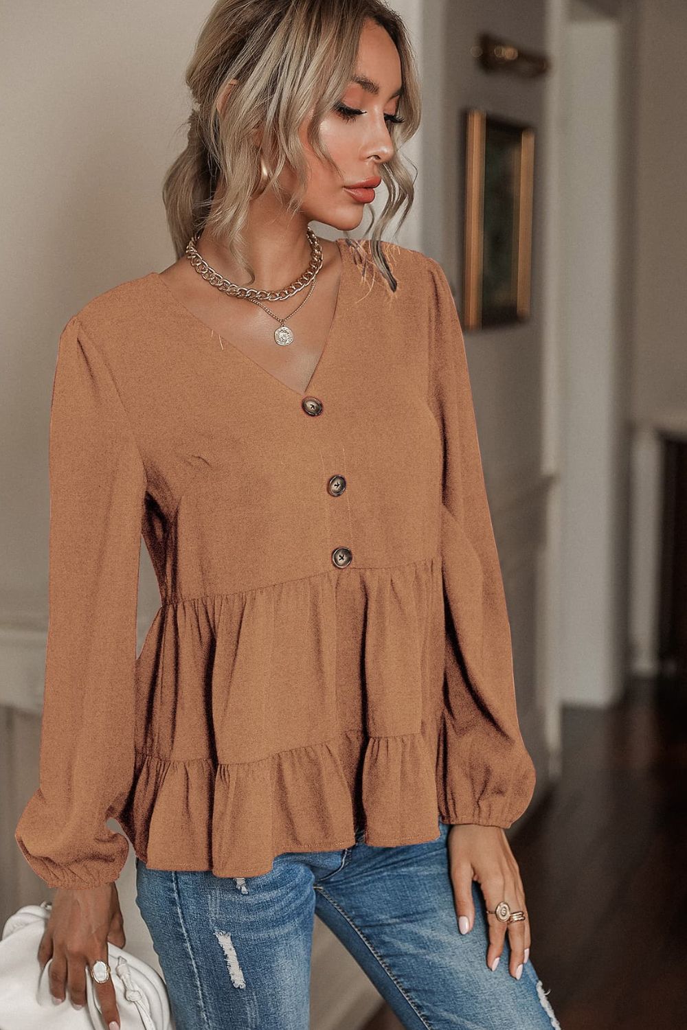 Buttoned V-Neck Puff Sleeve Tiered Blouse