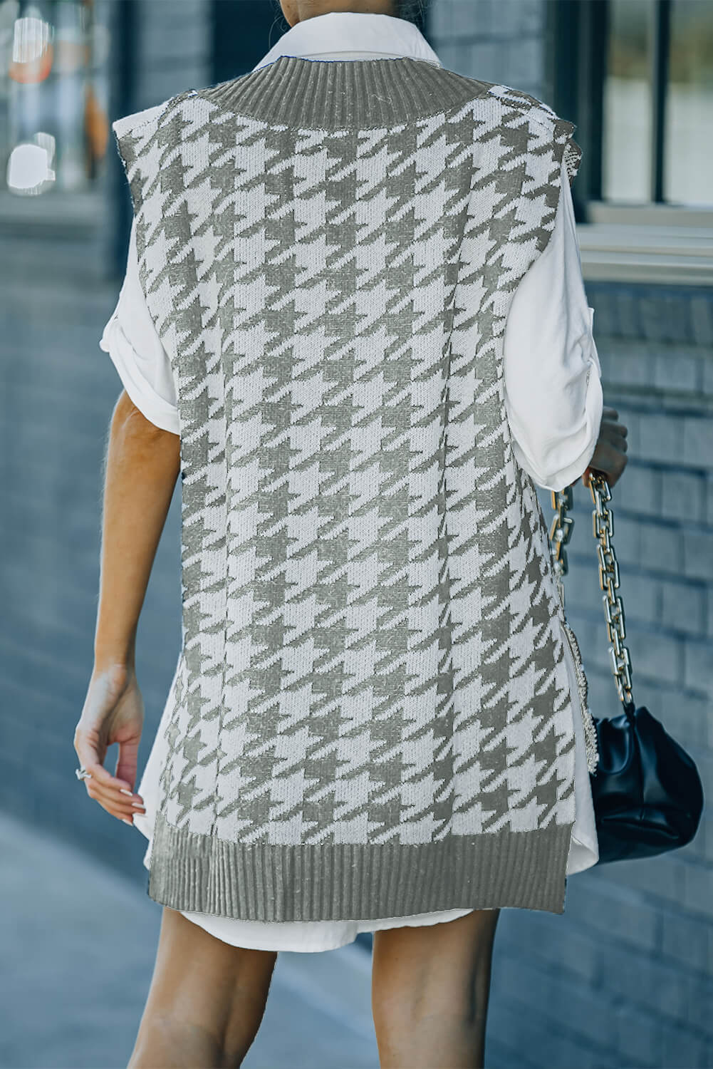 Houndstooth Side Slit Ribbed Sweater Vest Dress