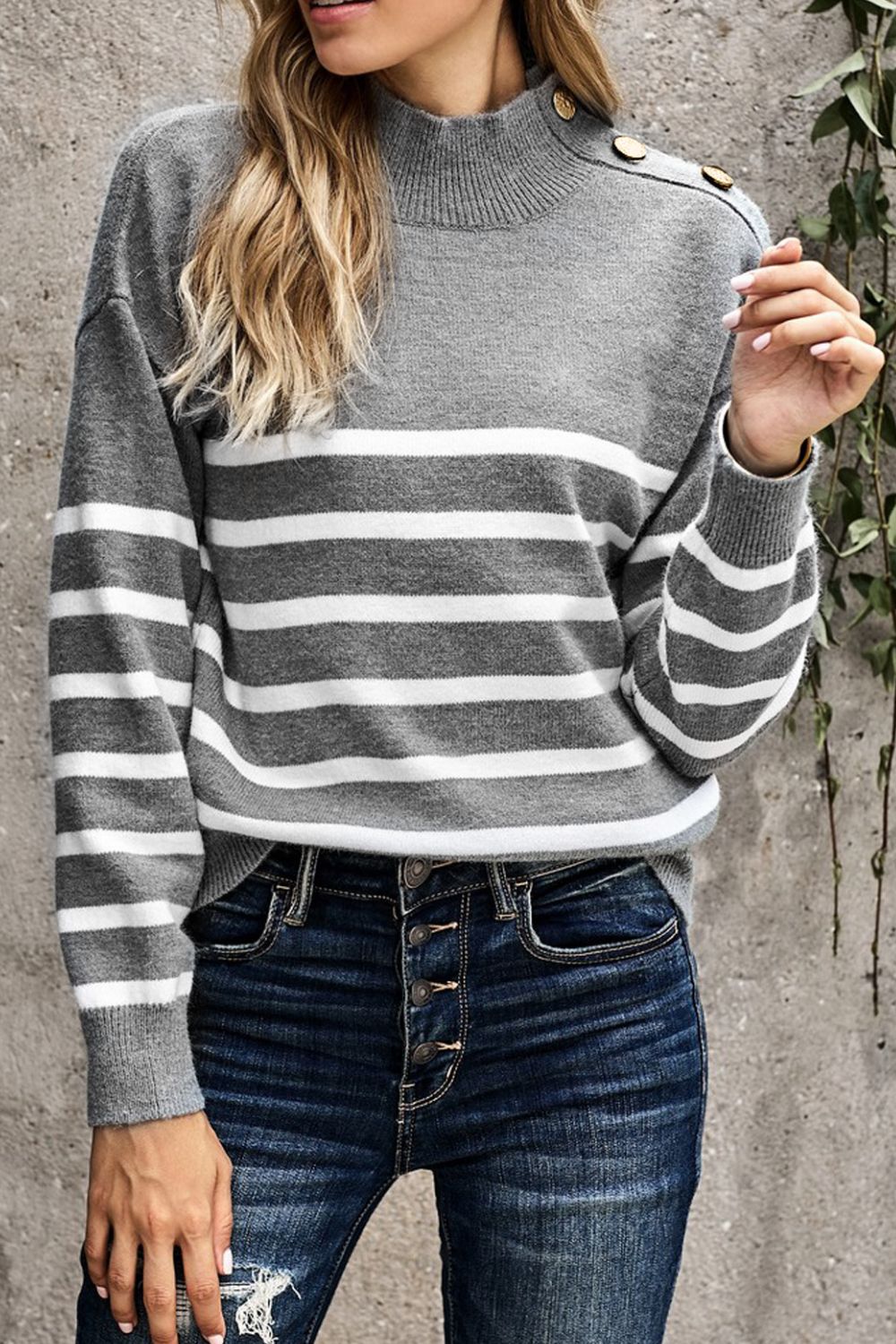 Striped Button Detail Mock Neck Sweater