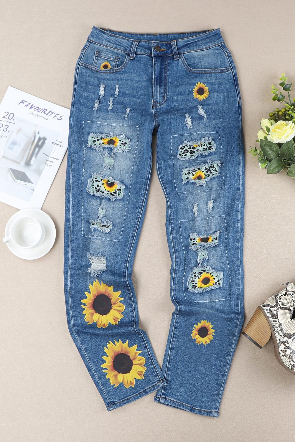 Sunflower Leopard Patchwork Distressed Jeans