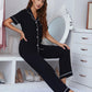 Contrast Piping Lapel Collar Short Sleeve Top and Pants Pajama Set