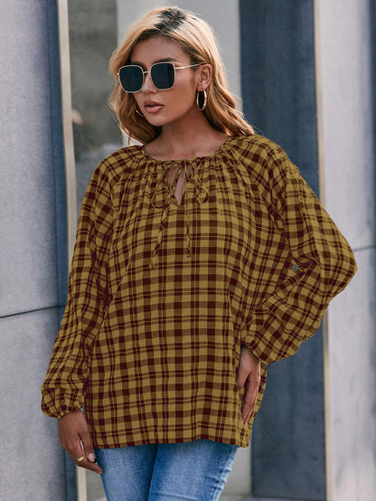 Plaid Tie Neck Long Sleeve Blouse