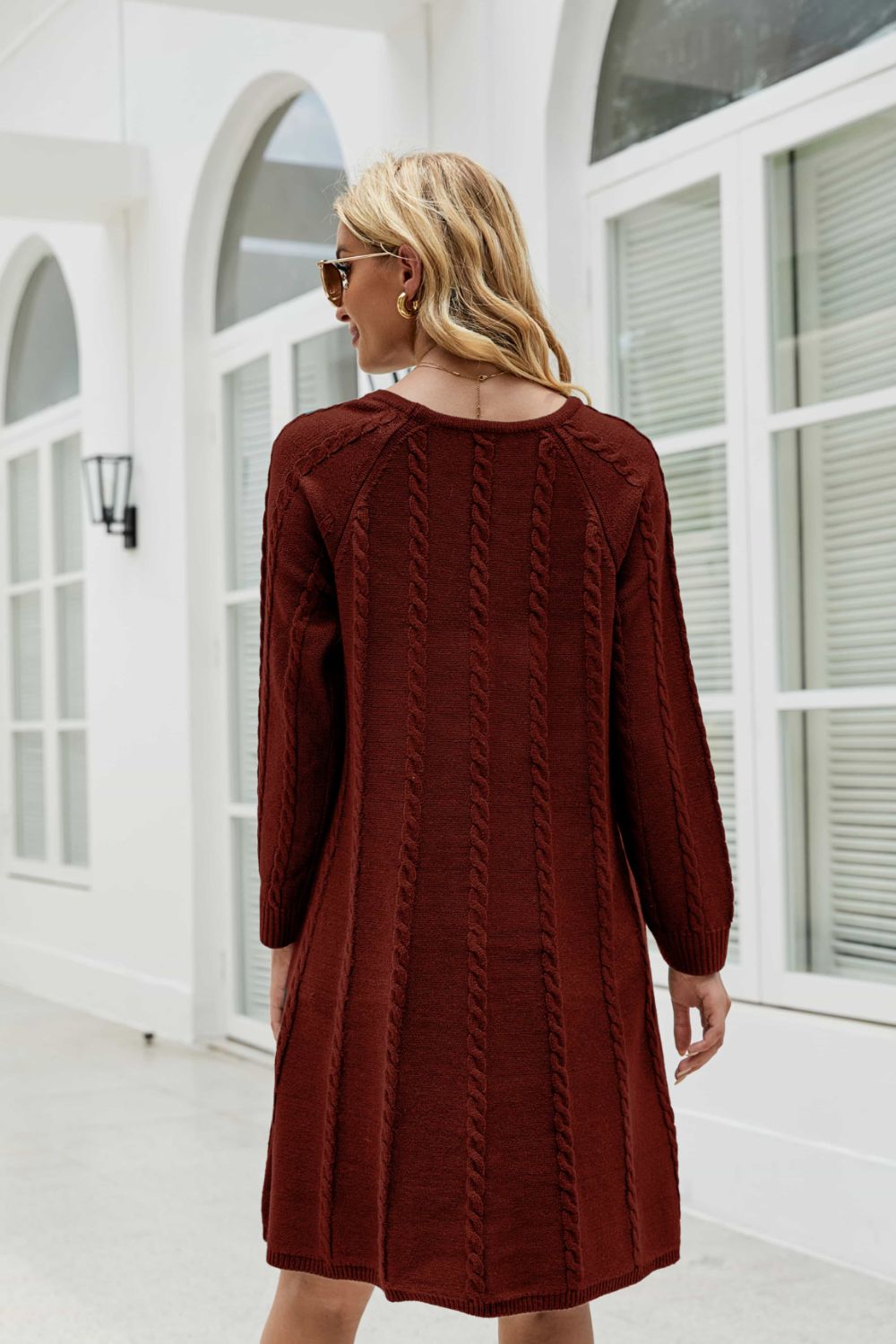 Cable-Knit Raglan Sleeve Round Neck Sweater Dress