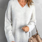 Heathered Ribbed Trim V-Neck Drop Shoulder Sweater