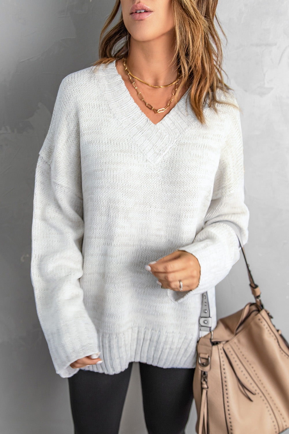 Heathered Ribbed Trim V-Neck Drop Shoulder Sweater