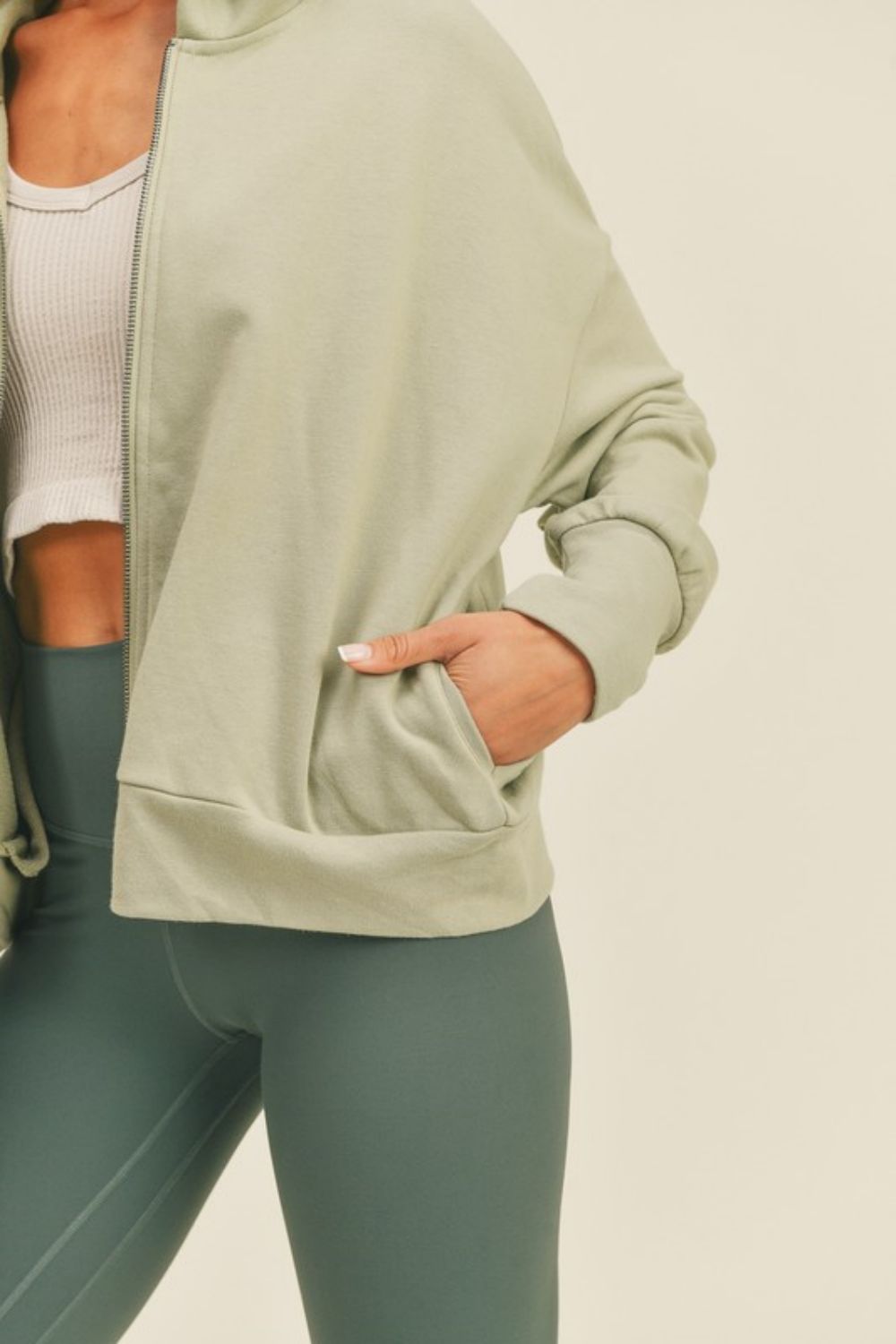 Kimberly C Full Size Zip-Up Drop Shoulder Hooded Jacket in Sage