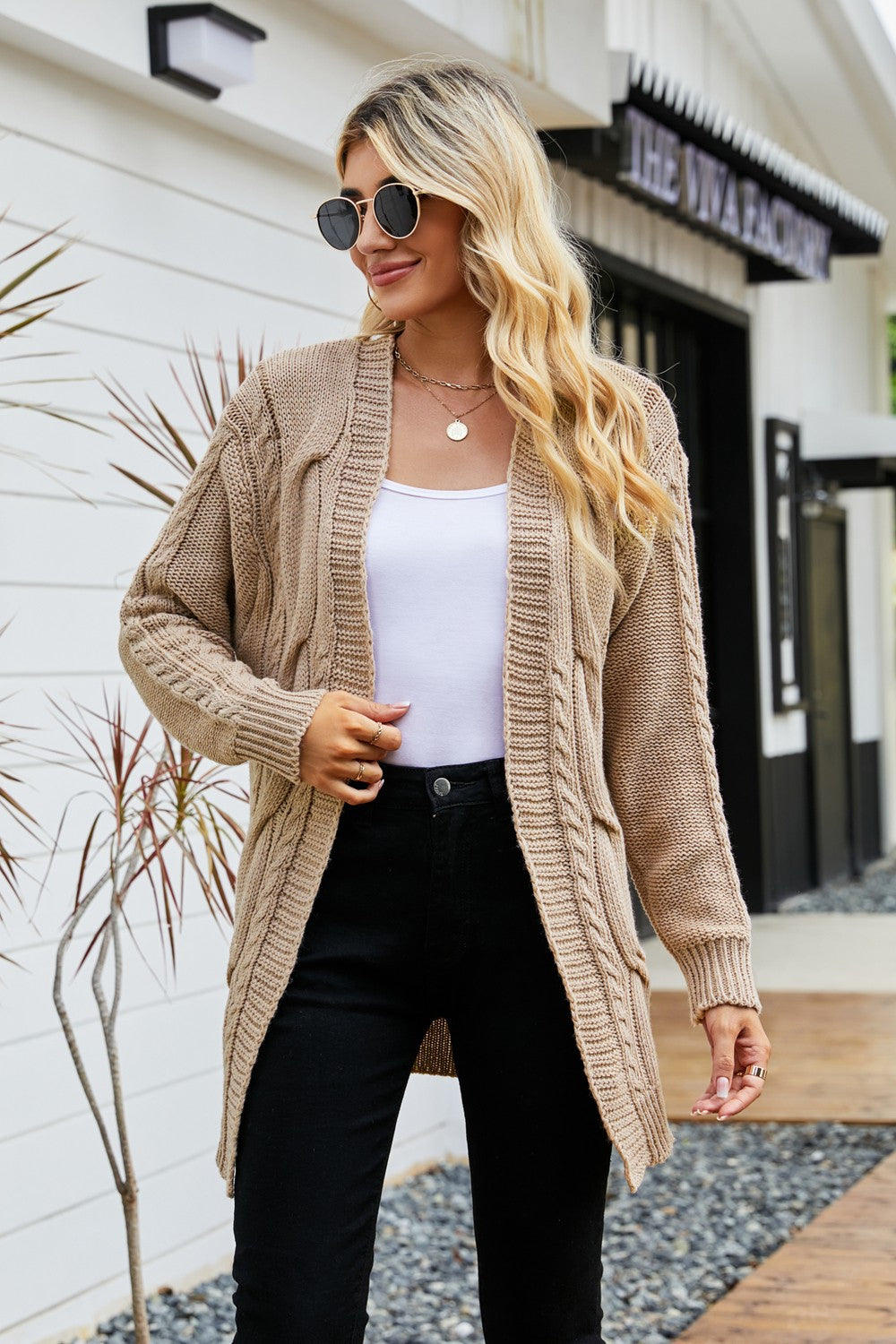 Ribbed Trim Cable-Knit Drop Shoulder Cardigan