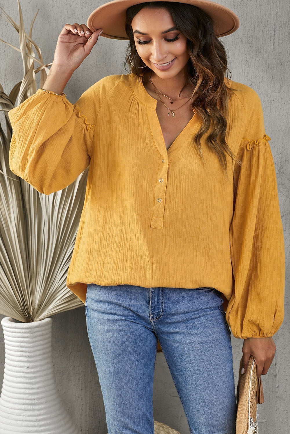 Balloon Sleeve Frill Trim Notched Neck Blouse