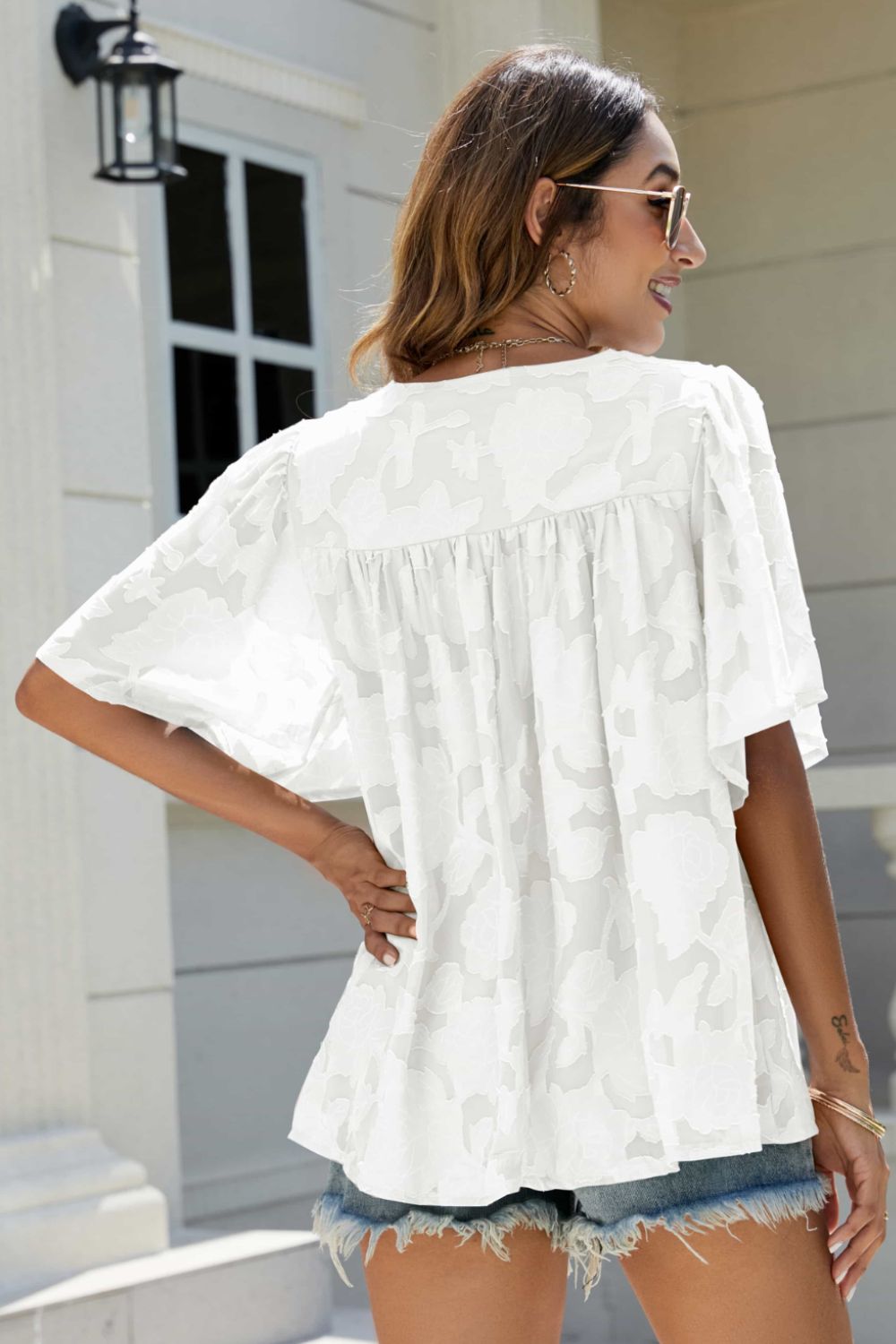 Applique Frill Trim Flutter Sleeve Blouse