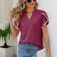 Pom-Pom Trim Petal Sleeve Notched Neck Top