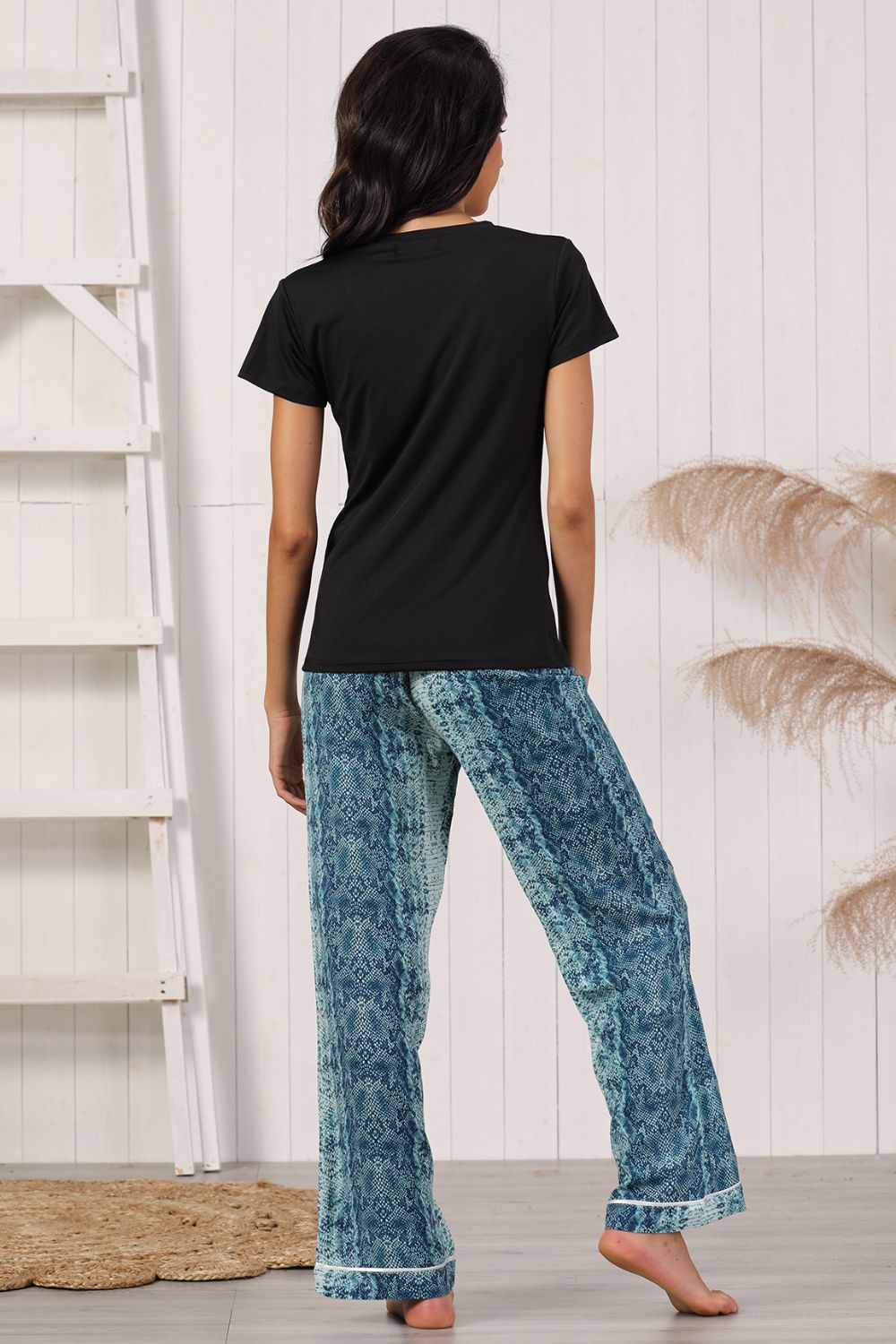 V-Neck Tee and Printed Pants Lounge Set