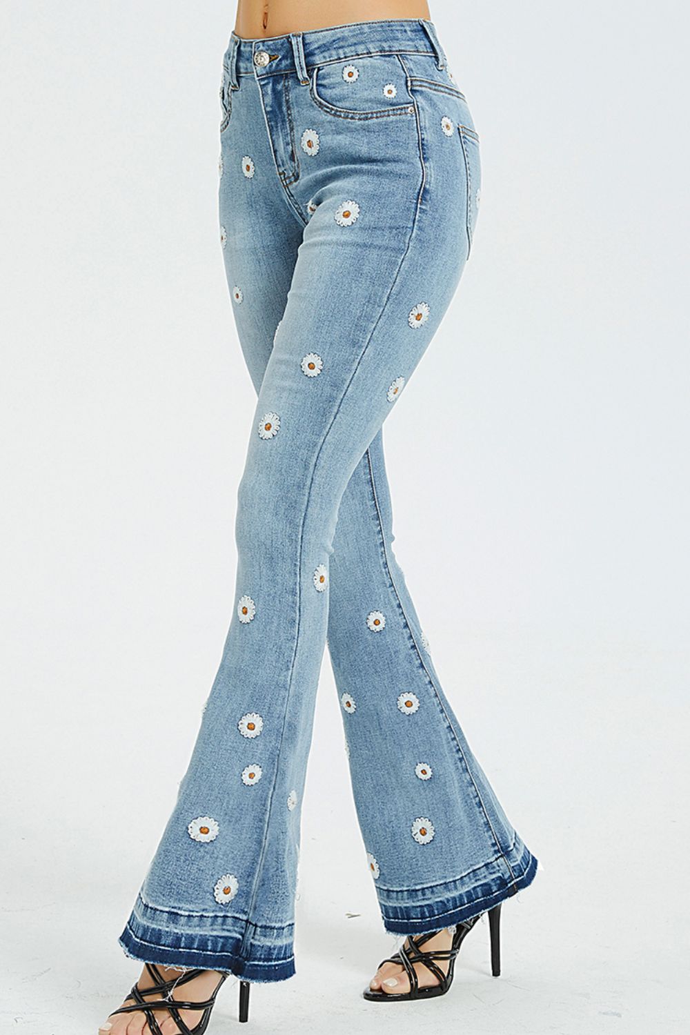 Full Size Embroidered Flare Leg Raw Hem Jeans