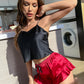 Two-Tone Cropped Cami and Ruffle Hem Satin Pajama Set