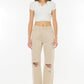 Kancan High-Rise Distressed Flare Jeans in Taupe