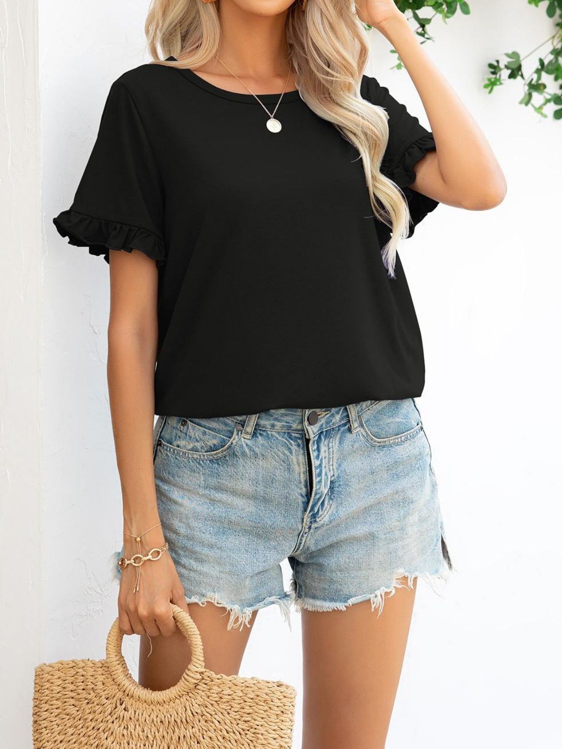 Camouflage Flounce Sleeve Tee Shirt