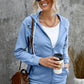 Distressed Zip Up Drawstring Detail Hoodie