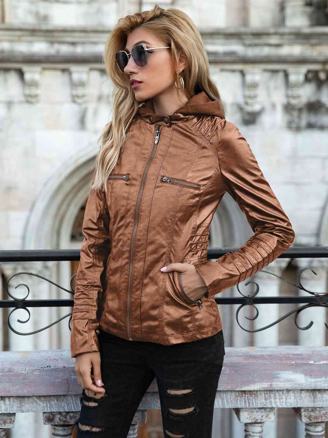 Full Size Zip-Up Hooded PU Jacket