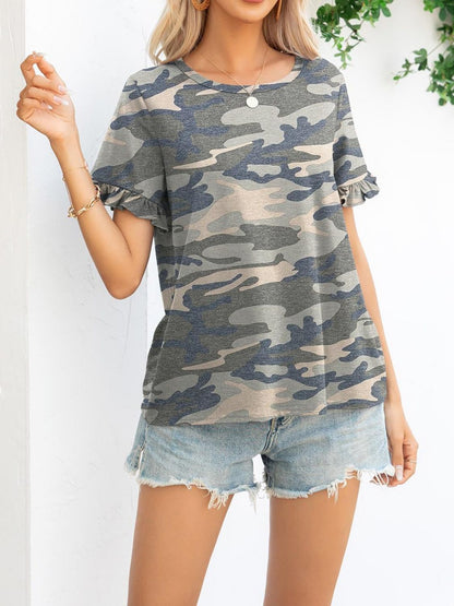 Camouflage Flounce Sleeve Tee Shirt