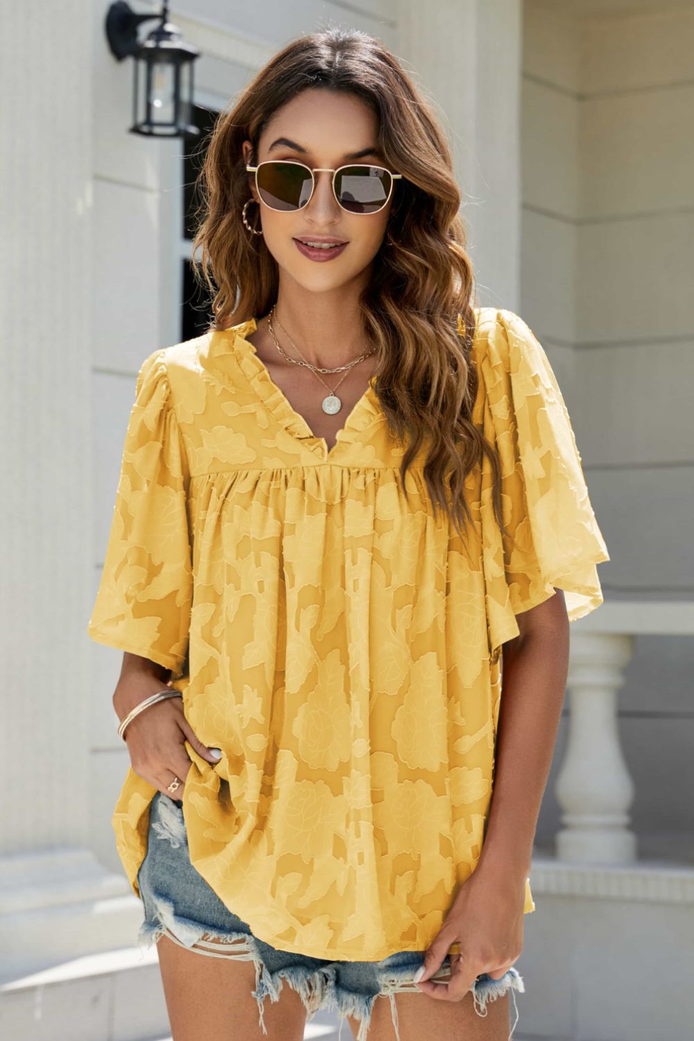 Applique Frill Trim Flutter Sleeve Blouse