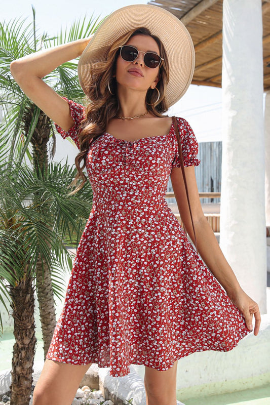 Ditsy Floral Tie Front Flounce Sleeve Dress