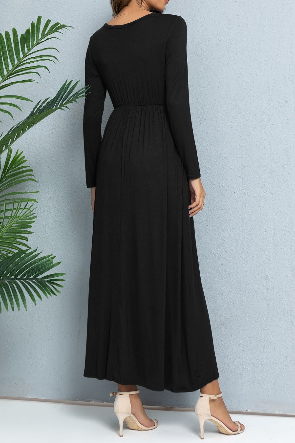Long Sleeve Round Neck Maxi Dress with Pockets