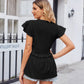 Buttoned V-Neck Ruffle Trim Top