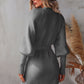 Belted Surplice Lantern Sleeve Wrap Sweater Dress