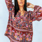 Bohemian Balloon Sleeve Notched Neck Blouse