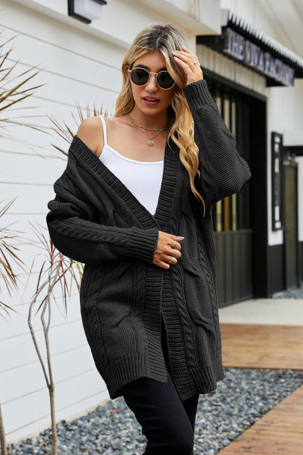 Ribbed Trim Cable-Knit Drop Shoulder Cardigan