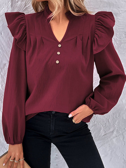 Decorative Button Notched Neck Ruffle Shoulder Blouse