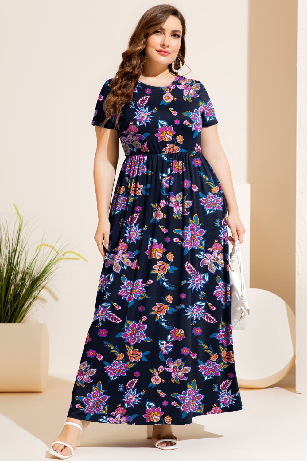 Plus Size Printed Round Neck Short Sleeve Maxi Dress
