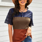 Color Block Spliced Lace Buttoned Tee