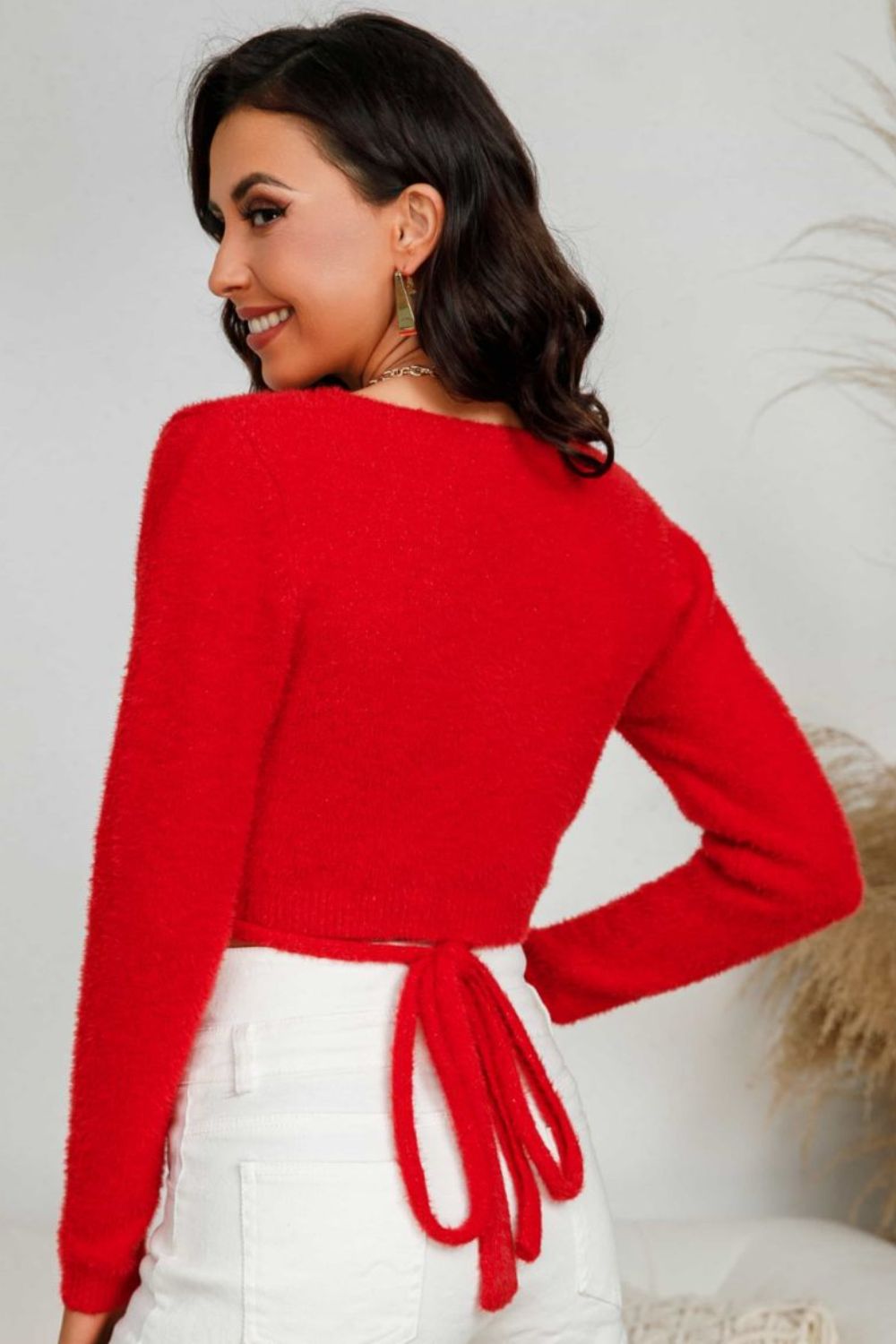 Tied Surplice Cropped Knit Pullover