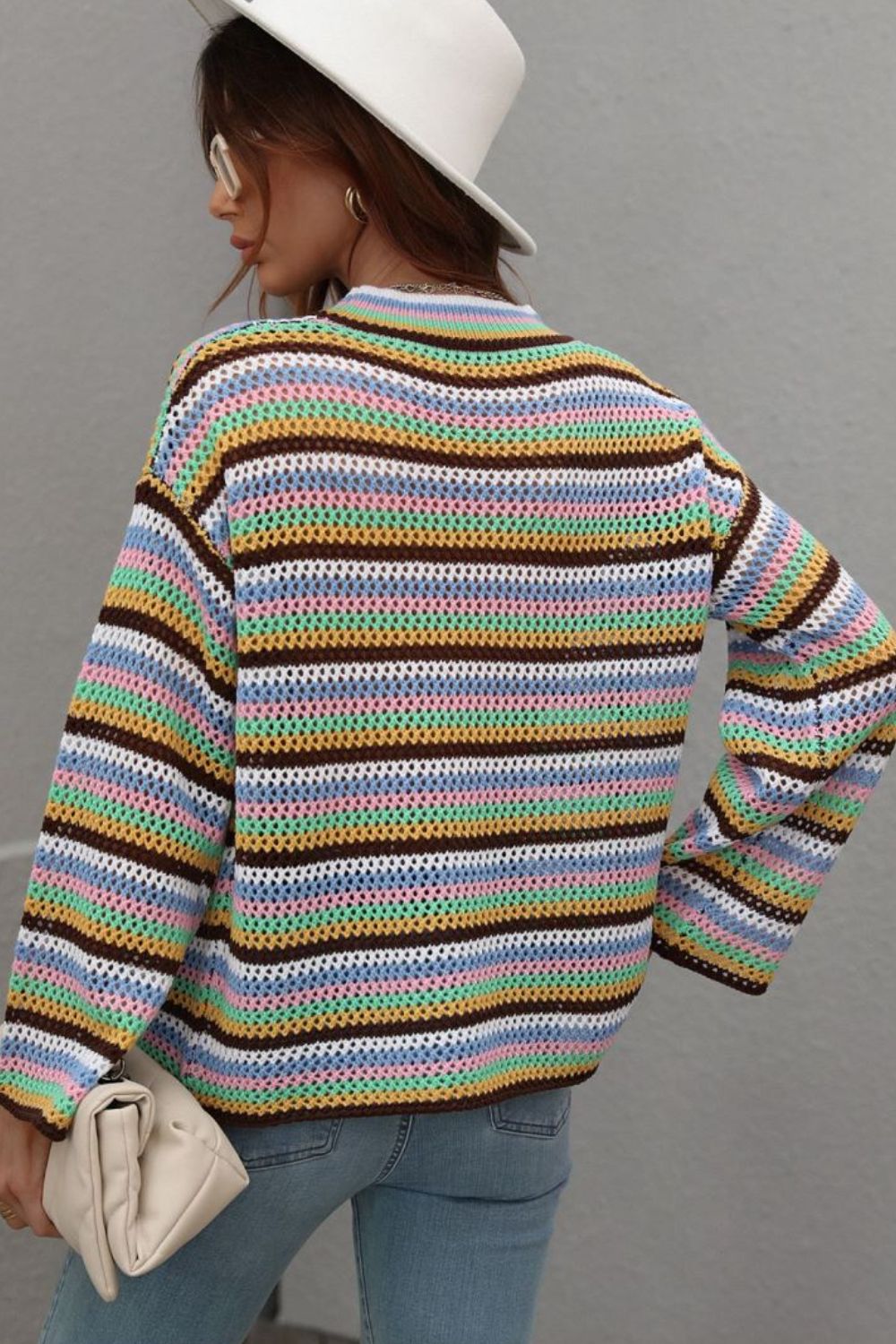 Multicolored Stripe Drop Shoulder Round Neck Sweater