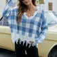 Plaid Frayed Trim V-Neck Sweater